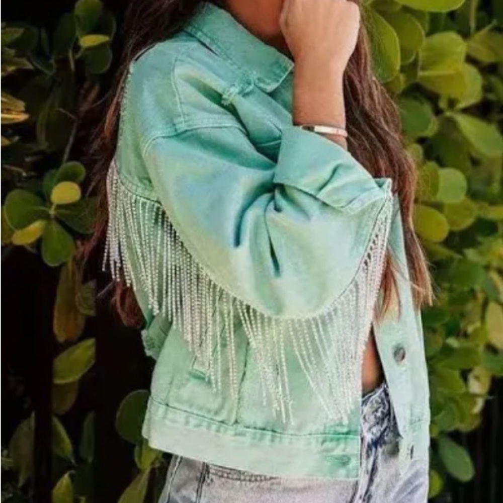 Lime Green Denim Rhinestone Fringe Jacket